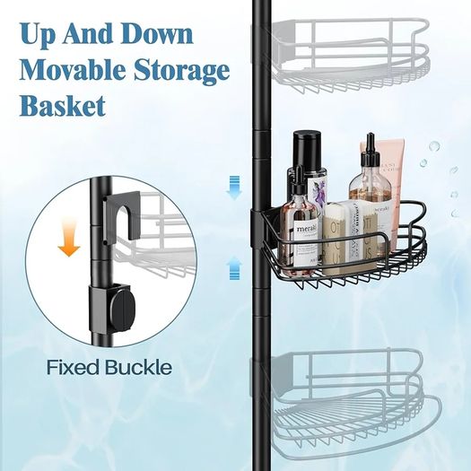 4-Tier Rustproof Telescopic Corner Shower Caddy, Height Adjustable No Drilling Bathroom Storage Accessory Shelf Organiser from 58.5 to 317.5 cm, with 4 Large Capacity Adjustable Baskets, Black
