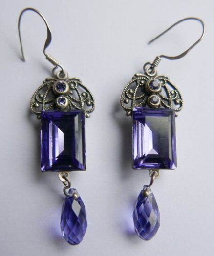 Vintage Sterling Silver 925 Dainty Violet Crystal and Silver Earrings 8,8g