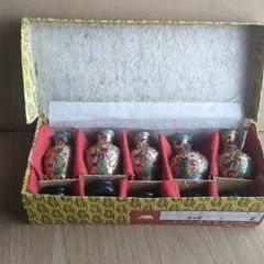 Chinese Cloisonne Vase Miniature Set Wood Base Stands Enamel Vtg Antique