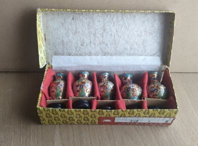 Chinese Cloisonne Vase Miniature Set Wood Base Stands Enamel Vtg Antique
