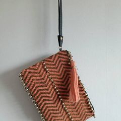 Beaded Coral & Gold Clutch / Wristlet Bag with Tassel