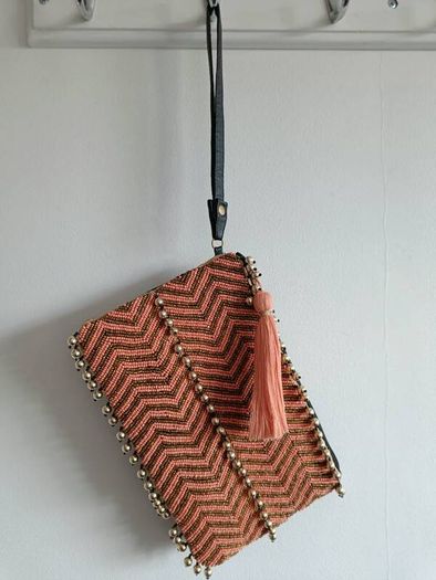 Beaded Coral & Gold Clutch / Wristlet Bag with Tassel