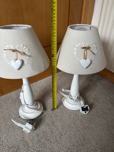 Pair of Shabby Chic White Bedside Table Lamps with Heart Detail