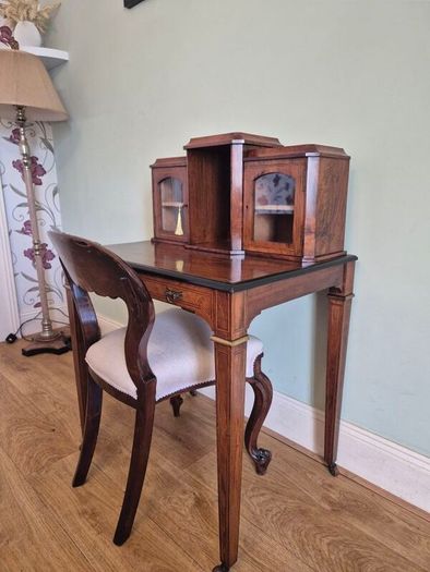 Edwardian inlaid writing desk& carved chair