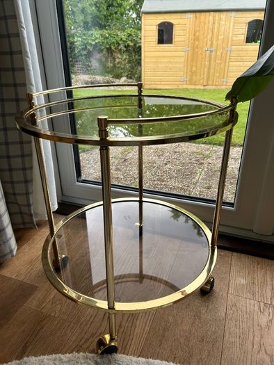 Vintage 1970s Hollywood Regency Gold Brass & Glass Bar Cart / Table