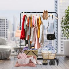 Closet Rack Heavy Duty Hanging Racks for Clothes with Top Rod and Storage Bottom Shelf, Clothes Rail Hanger Stand Free for Hanging Coats, Skirts, Shirts 43.5 In-Black