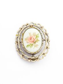 Hand Painted Porcelain Sterling Silver Brooch