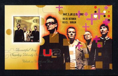 2002 Ireland Stampa Public Souvenir U2 Commemorative Stamp Miniature Sheet Overprinted for Stampa Mint Never Hinged (MNH)