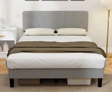 140 x 190 cm Bed Frame, Wooden Slatted Base, Adjustable Headboard, Padded Double Bed in Corduroy Velvet, Gray