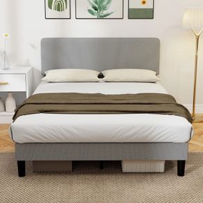 140 x 190 cm Bed Frame, Wooden Slatted Base, Adjustable Headboard, Padded Double Bed in Corduroy Velvet, Gray