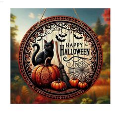Holloween Decoration with Pumpkins, Bats, Spider Webs and a Black Cat