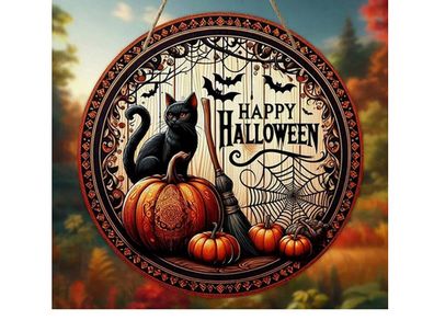 Holloween Decoration with Pumpkins, Bats, Spider Webs and a Black Cat