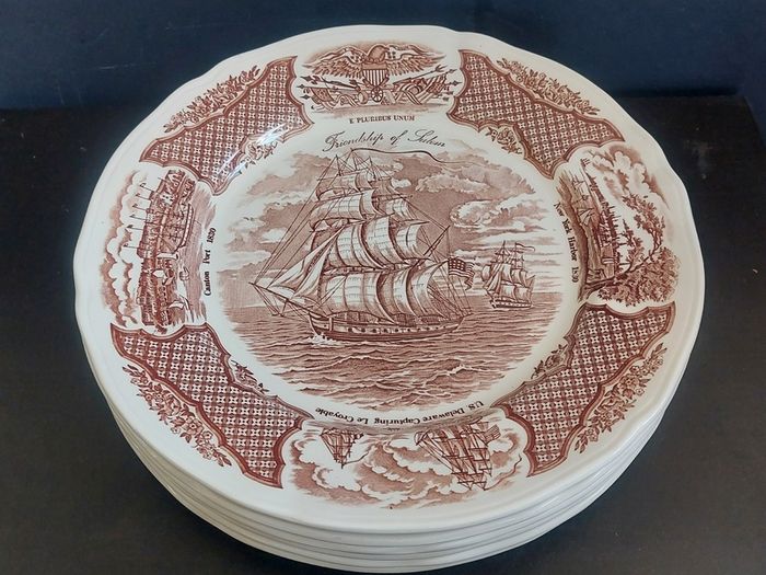 Vintage Set of Six Brown and White Fair Winds, Historical Scenes of Chinese Export to America - "The Friendship of Salem" Large Dinner Plates by Alfred Meakin