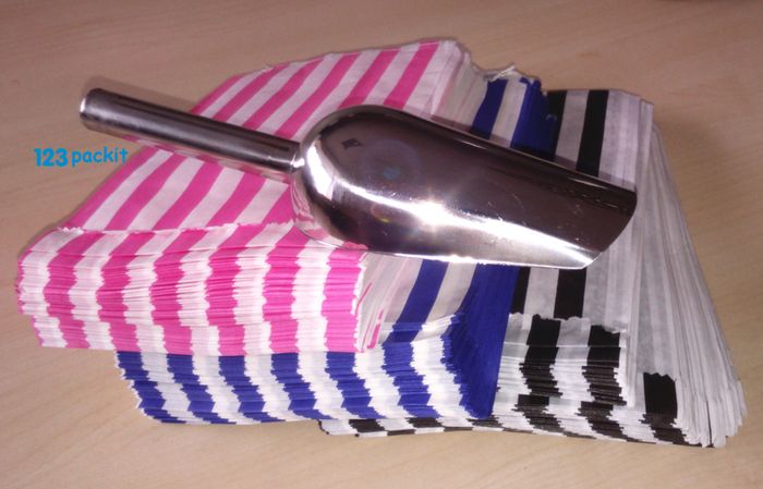 Job Lot 300 candy bags stripe bags + stainless steel scoop deal for candy weddings parties candy cart shop small retails and sweet shops SIZE 5x7 inches eco friendly