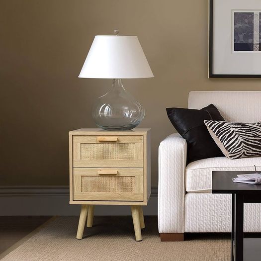 Side Table with 2 Hand Made Rattan Decorated Drawers, Night Stand Set 2, Wood Nigntstand, End Table with Storage for Bedroom, Natural, 2 Pack