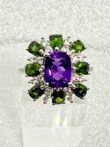 African Amethyst, Natural Chrome Diopside & White Zircon Ring