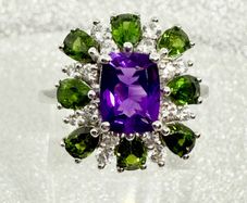 African Amethyst, Natural Chrome Diopside & White Zircon Ring