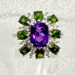 African Amethyst, Natural Chrome Diopside & White Zircon Ring