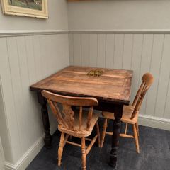 Antique Victorian Drop Leaf kitchen table with scrubbed top and dark wood legs Farmhouse Pine