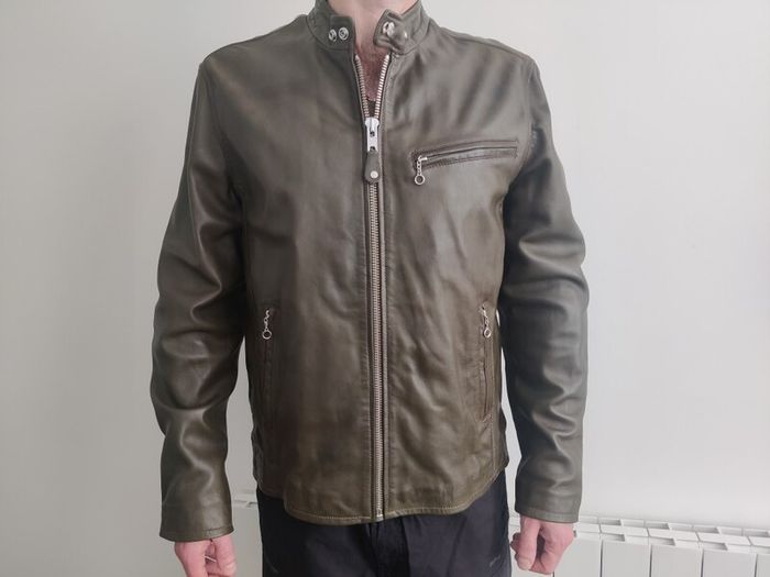 New Schott NYC, LC 949 WX, Iconic Cafe Racer Leather Jacket Mens, Size L, Khaki