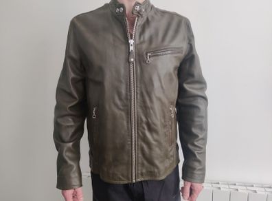 New Schott NYC, LC 949 WX, Iconic Cafe Racer Leather Jacket Mens, Size L, Khaki