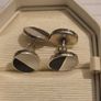 Vintage 925 Sterling Silver Mother of Pearl and Onyx Face Cufflinks with Chain Link Image 2