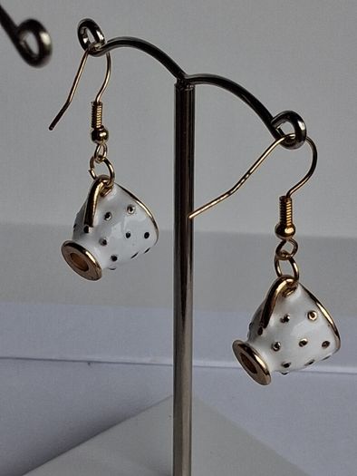 White & Gold Spotty Mini Teacup Drop Earrings