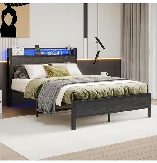 4ft6 Double Bed Frame with Storage Headboard&LED Lights,Black Metal Platform Bed Frame with Charging Station,Mattress Foundation,Metal Slat Support,No Box Spring Needed,Under-bed Storage