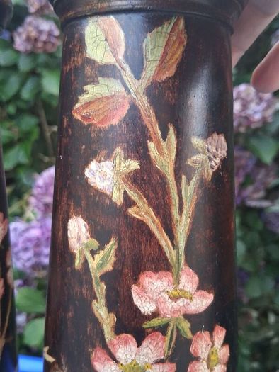 Stunning Pair Of Hand Painted Art Nouveau Hardwood  Candlesticks 12"
