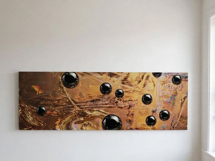 Limited edition contemporary tech-art, abstract series - Black oil spheres / gold leaf texture