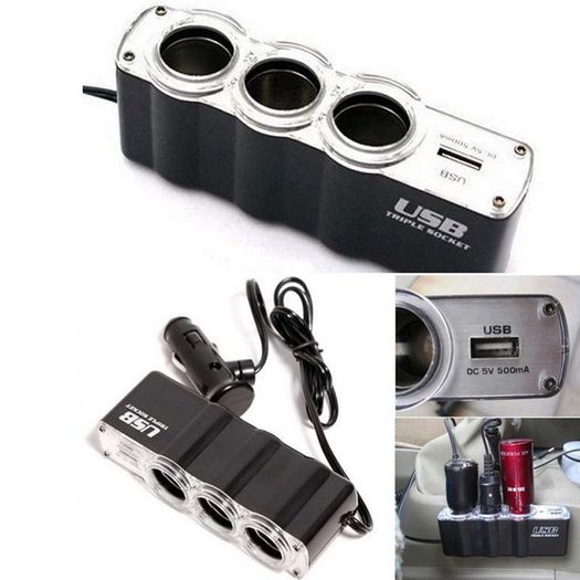 Car Interior 3 Sockets Car Cigarette Lighter Extender Splitter and 1 USB Port Car Charger