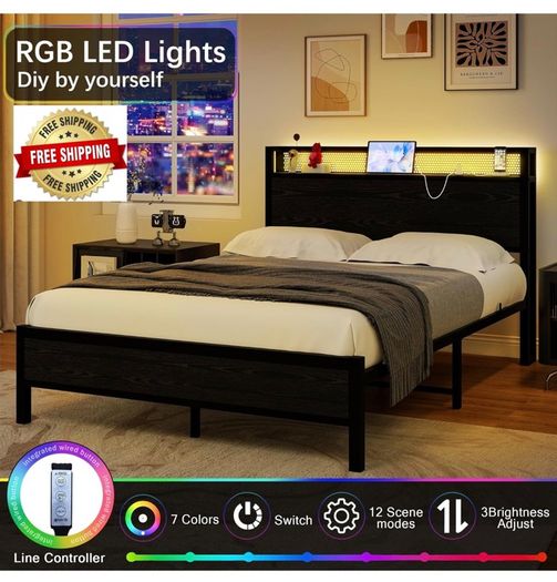Double Bed Frame with LED Lights/Charging Station,4ft6 Metal Platform Bed Frame with Storage Headboard/Mattress Foundation/Metal Slat Support/No Box Spring Needed,Under-bed Storage,Black Bed