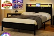 Double Bed Frame with LED Lights/Charging Station,4ft6 Metal Platform Bed Frame with Storage Headboard/Mattress Foundation/Metal Slat Support/No Box Spring Needed,Under-bed Storage,Black Bed