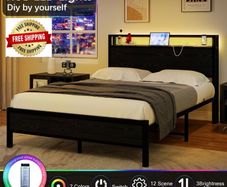 Double Bed Frame with LED Lights/Charging Station,4ft6 Metal Platform Bed Frame with Storage Headboard/Mattress Foundation/Metal Slat Support/No Box Spring Needed,Under-bed Storage,Black Bed