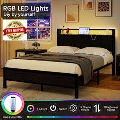Double Bed Frame with LED Lights/Charging Station,4ft6 Metal Platform Bed Frame with Storage Headboard/Mattress Foundation/Metal Slat Support/No Box Spring Needed,Under-bed Storage,Black Bed