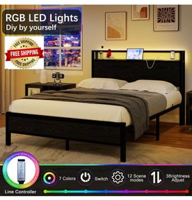 Double Bed Frame with LED Lights/Charging Station,4ft6 Metal Platform Bed Frame with Storage Headboard/Mattress Foundation/Metal Slat Support/No Box Spring Needed,Under-bed Storage,Black Bed