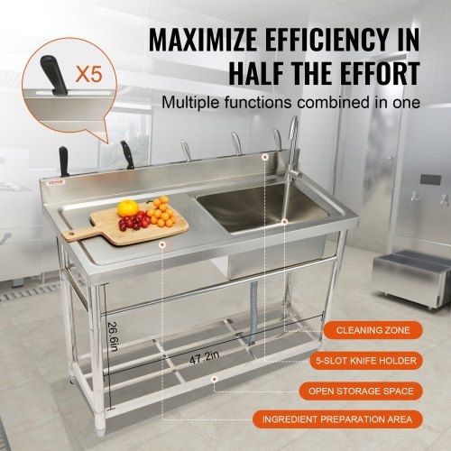 Stainless Steel Utility Sink, 1 Compartment Free Standing Small Sink w/Workbench Faucet & legs, 119.88 x 50.04 x 95 cm Commercial Single Bowl