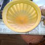 Large Heavy Wrought Iron Hand Blown Glass Fruit Bowl resembles Art Nouveau styles with a yellow and blue ombre finish, Image 4