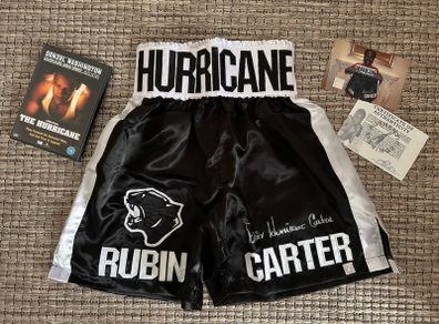 Rubin 'Hurricane' Carter signed boxing trunks. Comes with COA, photo & FREE Denzel Washington DVD movie