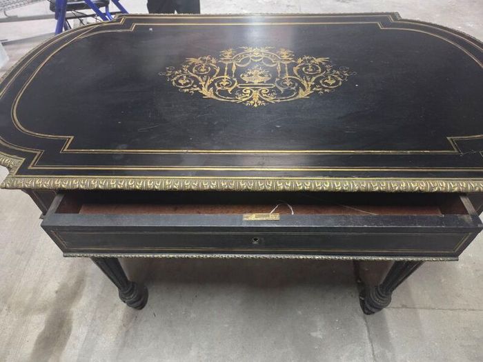 A 19th Century French Ebonised and Brass inlay and Metal Mounted Table with Drawer