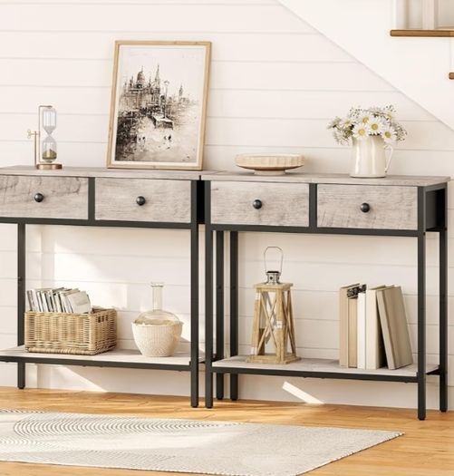 Narrow Console Table with 2 Drawers, Hallway Table with Storage, Sofe Table, Small Side Table for Small Spaces, Living Room, Entryway, Kitchen, Greige and Black
