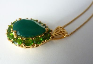 Sterling silver, 14k gold plated, green onyx & diopside pendant & necklace