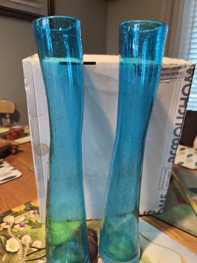 Pair of mid century blue glass vases, Art Glass Soda Bubbles Glass Vase Turquoise Drunken Glass Vase, bubbles trapped in the glass