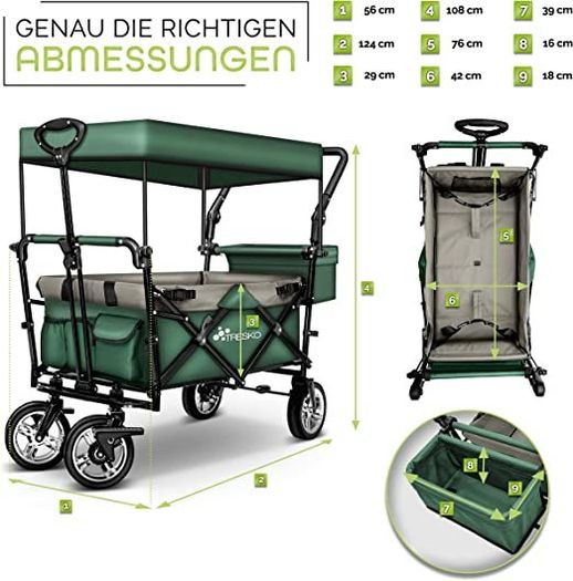 folding handcart with roof, handcart with 3-point belt system, foldable garden trolley, transport trolley with solid rubber tyres, brake and carry bag, green