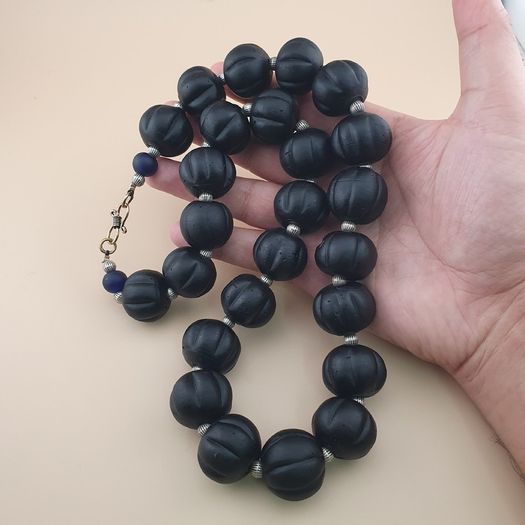 Antique African Style Dark Black Melon Shape Glass Beads Necklace