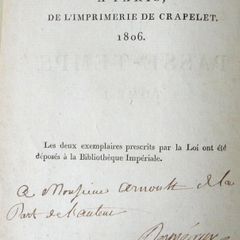 1806. Mes Passe Temps. Chansons suivies de l'Art de la Danse, poeme en quatre chants, calque sur l'Art Poetique de Boileau Despreaux. Jean Etienne Despreaux. S212. French, 1806, original, first edition, signed, presentation copy, autograph inscription.