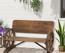 Wooden Cart Wagon Wheel 2 Seater Garden Bench Outdoor Chair Rustic High Back Loveseat Burnt Stained