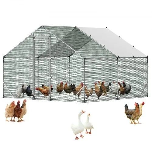 Large Metal Chicken Coop, 3 x 3 x 2 m, Walk-in Chicken Run House with Waterproof Cover and Sturdy Frame, Spire Roof Poultry Cage Duck Pen for Rabbit