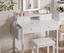 White Makeup Vanity Desk with Mirror and Lights, Vanity Set with Chair, Make Up Dresser Table with Drawers and UK Power Outlet for Girls Bedroom Small Space