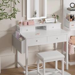 White Makeup Vanity Desk with Mirror and Lights, Vanity Set with Chair, Make Up Dresser Table with Drawers and UK Power Outlet for Girls Bedroom Small Space